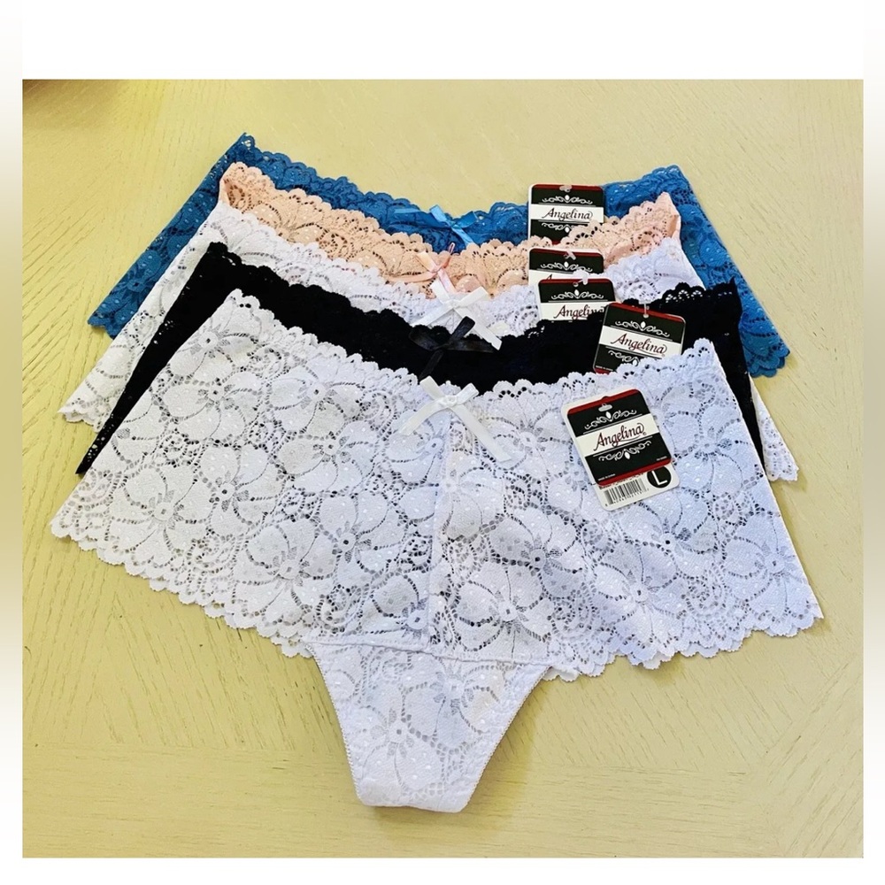 5Panty Angelina Lady's Lingerie Size L White Mesh Lace Polyester Spandex Panties